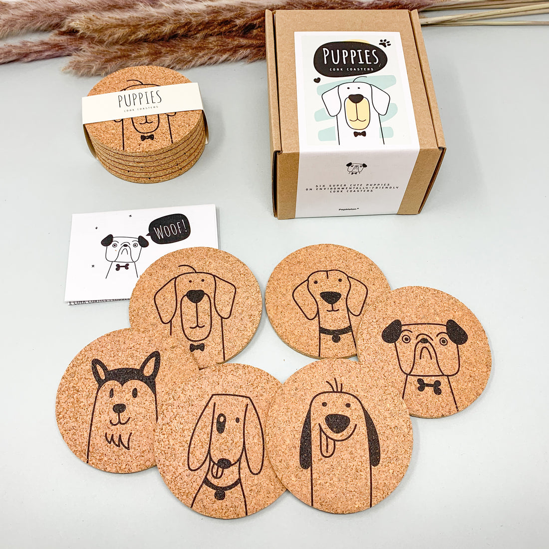 Puppies cork coaster set, cute dogs dog lovers dog owners gift