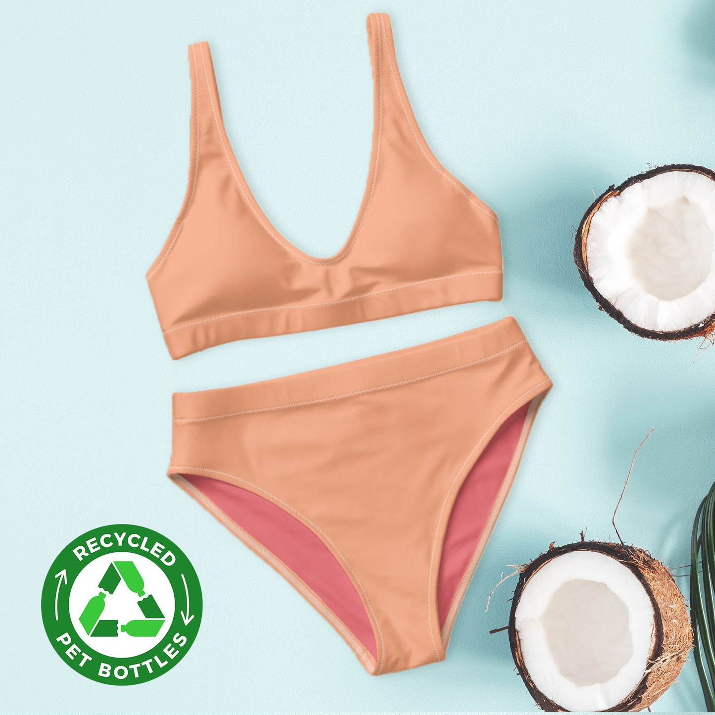 Sportbikini aus recyceltem Wüstensand/Pfirsich mit hoher Taille