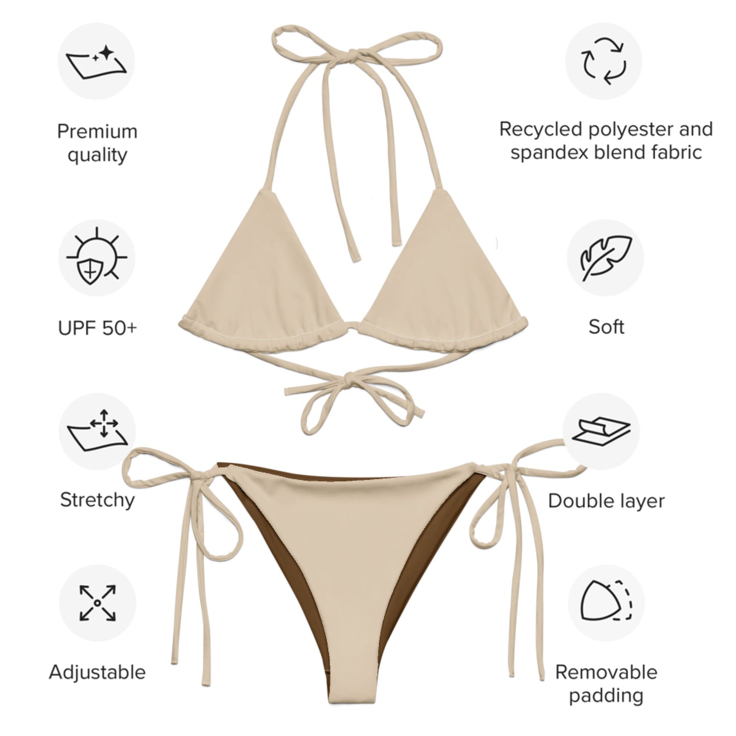 Mandelbeiges, recyceltes String-Bikini-Set, umweltfreundlicher Triangel-Bikini, doppellagiger, umweltfreundlicher UPF 50+-Bikini