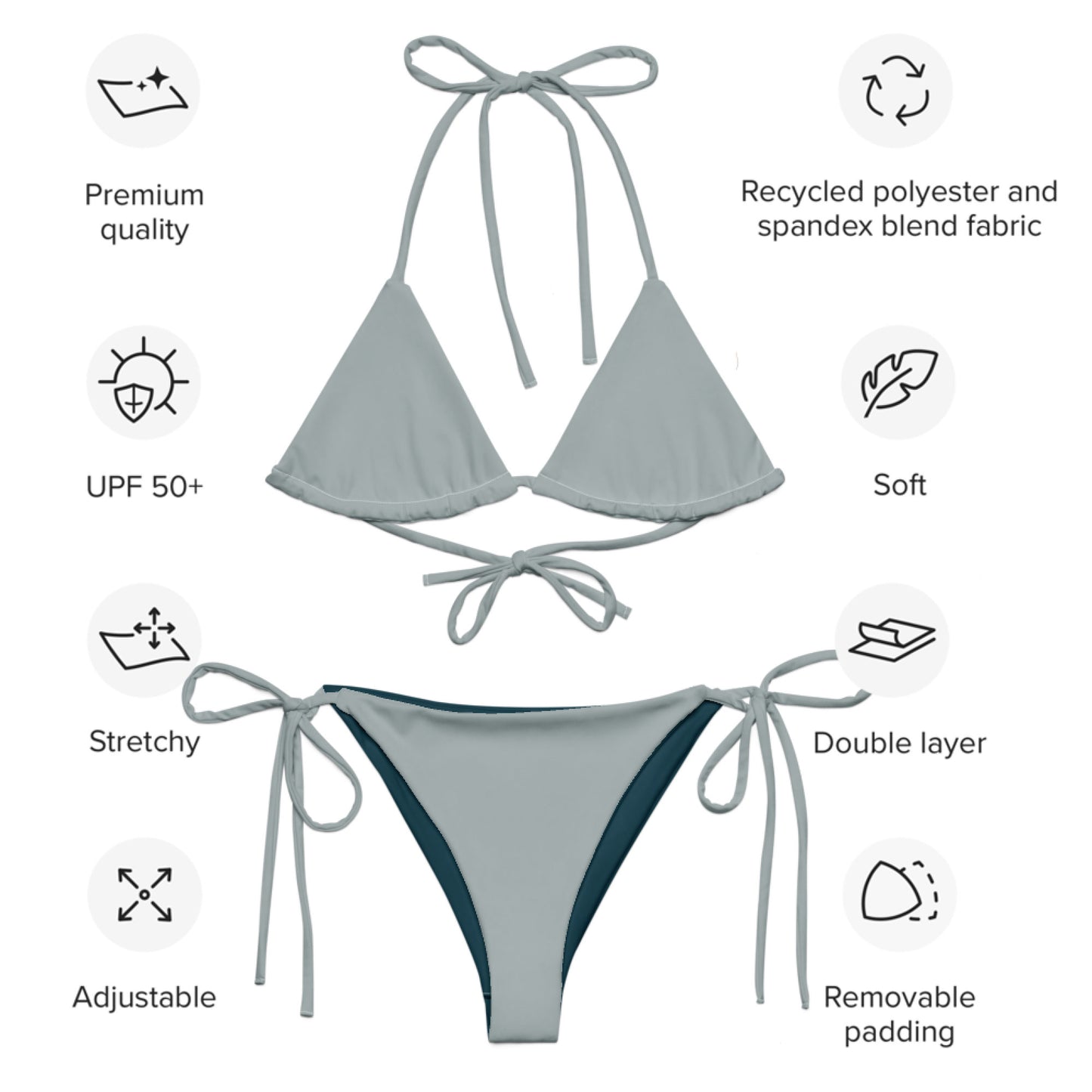 Aschgraues, recyceltes String-Bikini-Set, umweltfreundlicher Triangel-Bikini, doppellagiger, umweltfreundlicher UPF 50+-Bikini