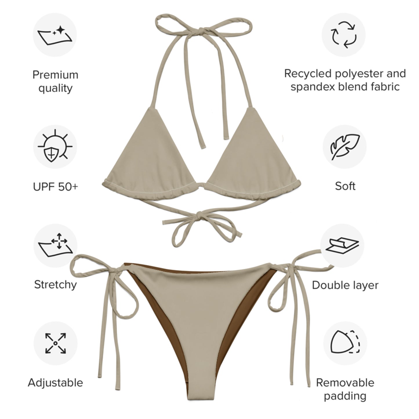 Khakifarbenes, recyceltes String-Bikini-Set, umweltfreundlicher Triangel-Bikini