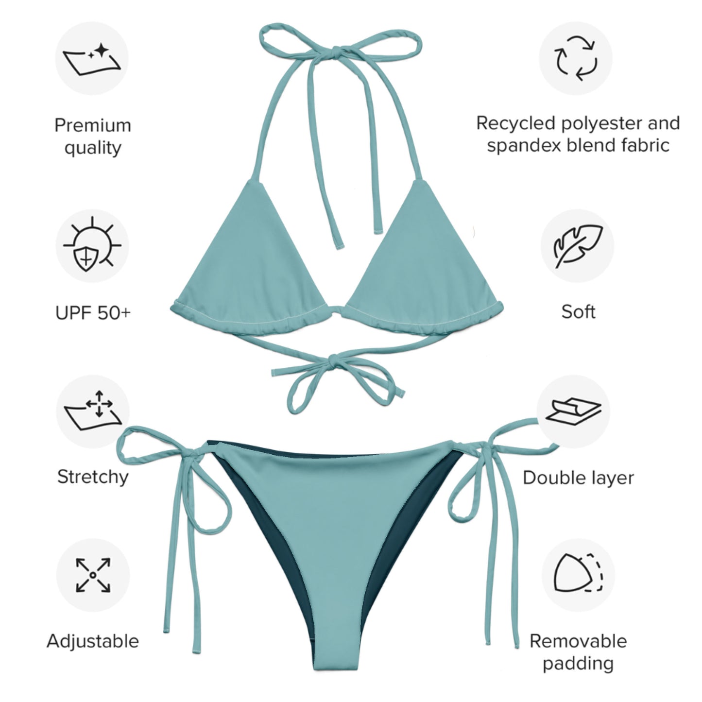 Opal-türkises, recyceltes String-Bikini-Set, umweltfreundlicher Triangel-Bikini