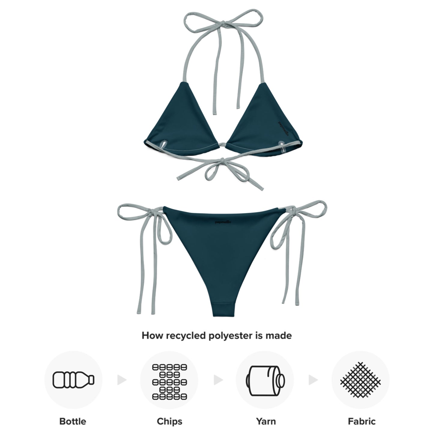 Aschgraues, recyceltes String-Bikini-Set, umweltfreundlicher Triangel-Bikini, doppellagiger, umweltfreundlicher UPF 50+-Bikini