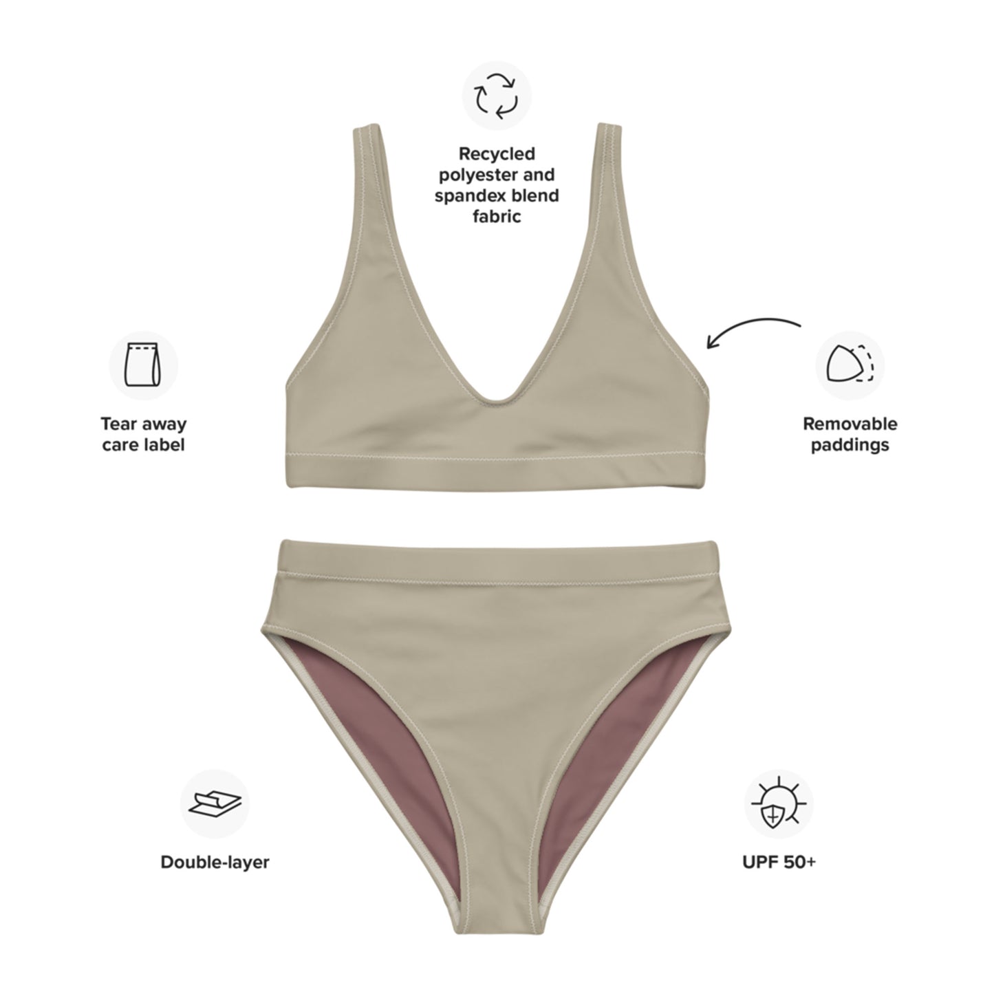 Khakifarbenes, recyceltes Bikini-Set mit hoher Taille