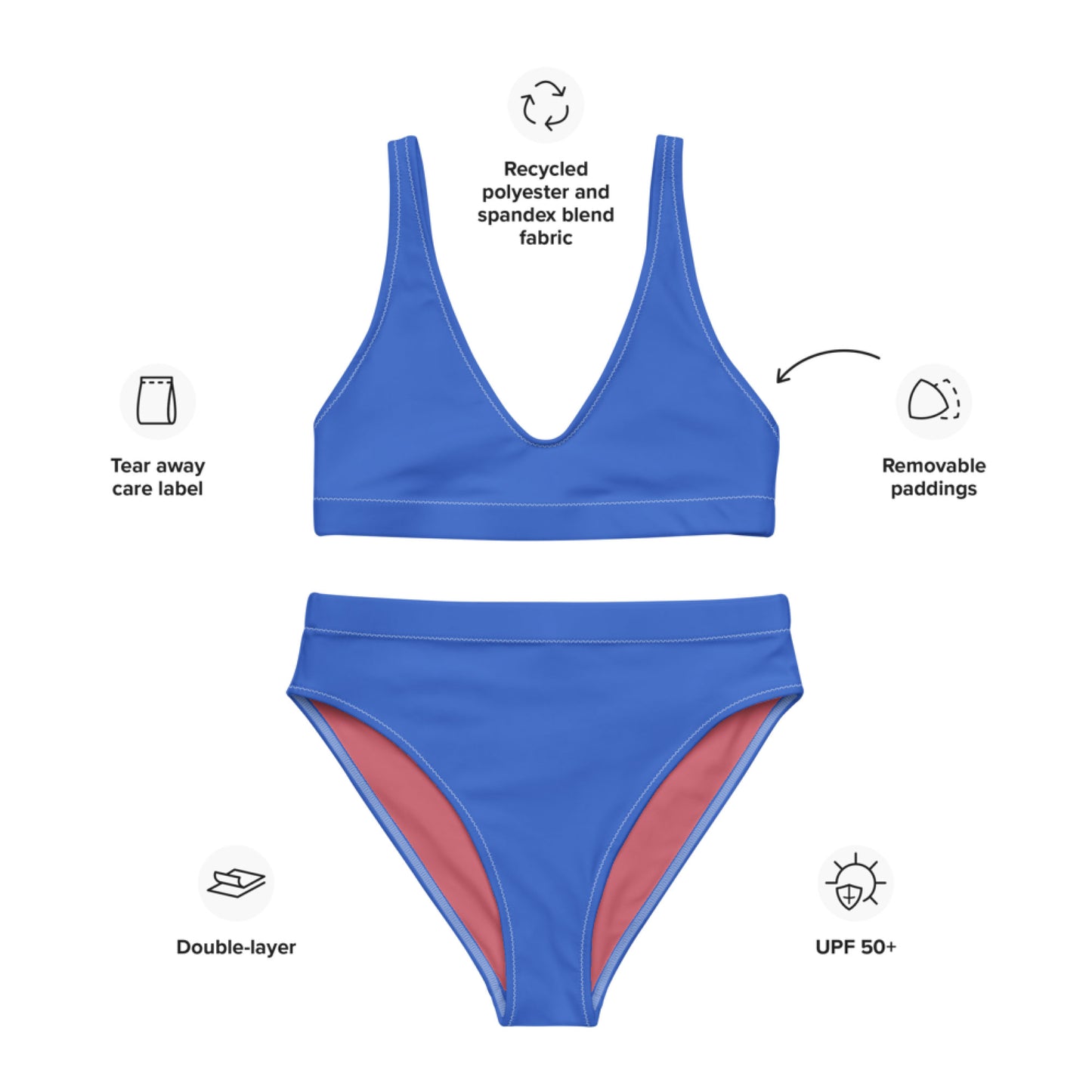 Light Royal blue Recycled High-waisted Sport bikini,Swimwear for Woman, two part bathing swim suit eco-fashion beachwear, plus size swim