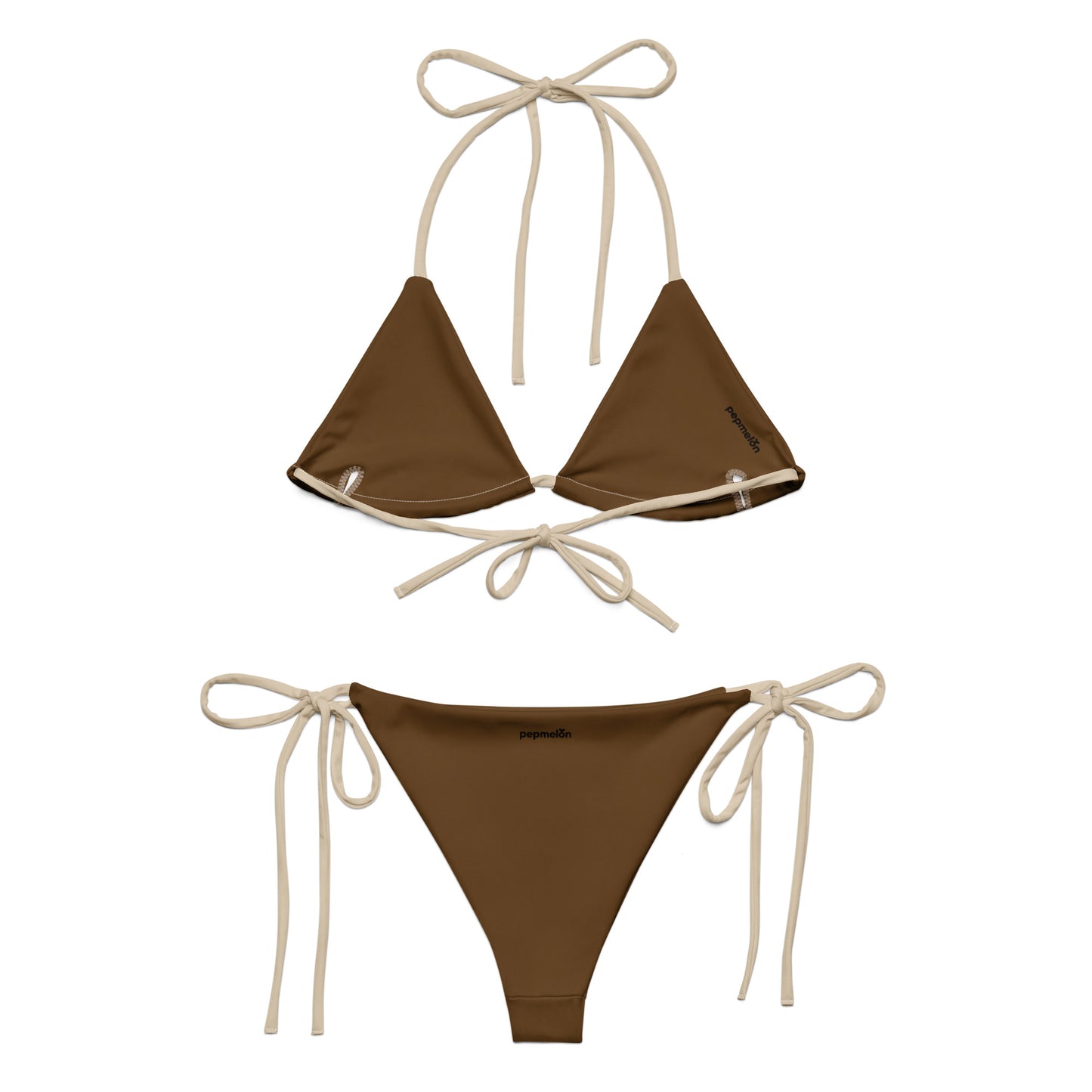 Mandelbeiges, recyceltes String-Bikini-Set, umweltfreundlicher Triangel-Bikini, doppellagiger, umweltfreundlicher UPF 50+-Bikini